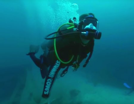 360° Video „Tauchen zu einem alten Schiffswrack umzingelt von gefährlichen Haien“