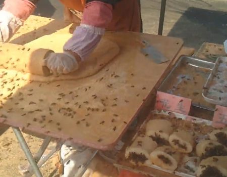 Virales Video „Kuchen-Verkäuferin aus Dongbei, China lässt sich von ein paar hungrigen Bienen nicht abhalten“