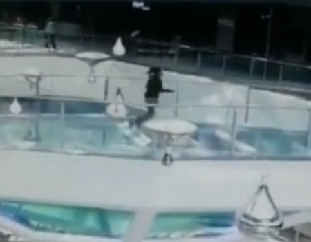 Virales Video „In einer chinesischen Mall in Jiaxing City fällt eine junge Frau in ein Haifischbecken und kommt mit dem Schrecken davon“